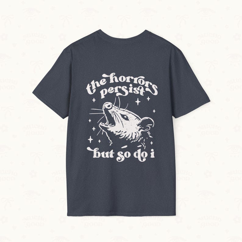 Back flat lay of Possum Tee in Heather Navy Blue.