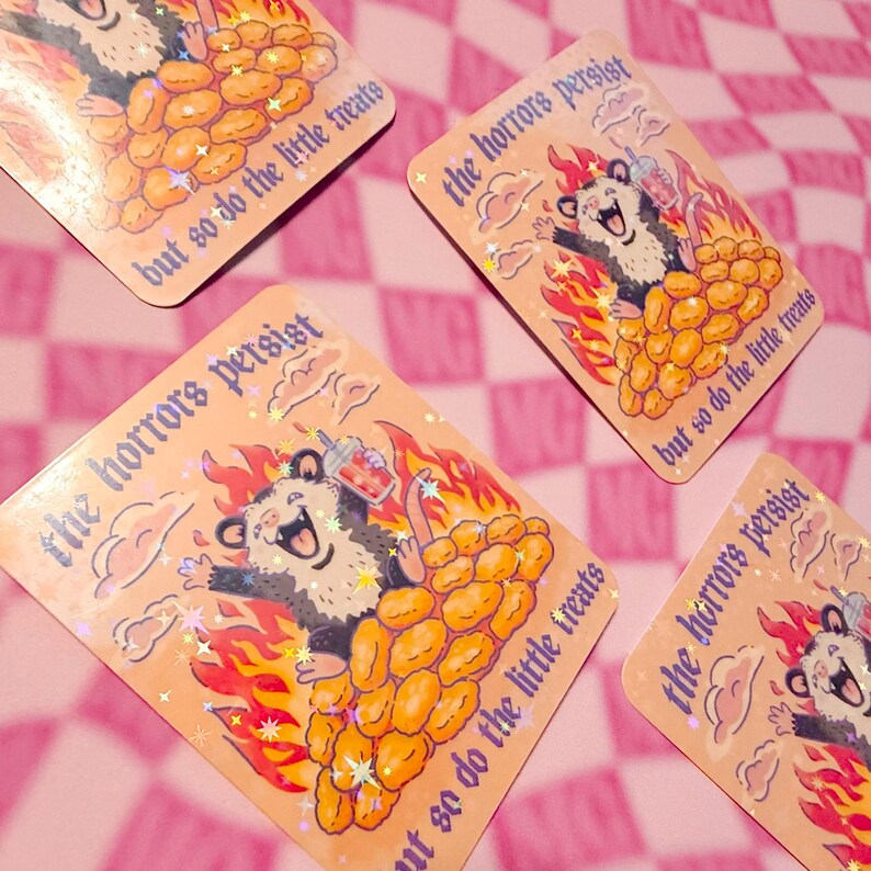 Relatable news burnout meme sticker with possum illustration about coping with little treats during stressful times.