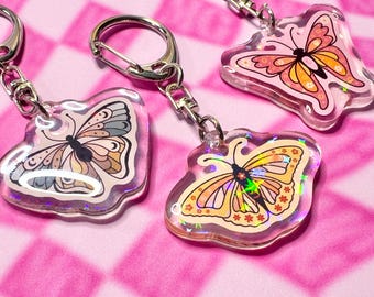 Butterfly Keychain - Holographic Sparkle Acrylic Keychains Sapphic Feminist Art, Cottagecore Aesthetic Bag Charm, Mushrooms Gift