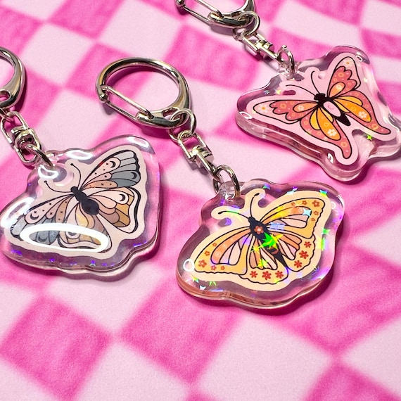 Butterfly Keychain - Holographic Sparkle Acrylic Keychains Sapphic Feminist Art, Cottagecore Aesthetic Bag Charm, Mushrooms Gift