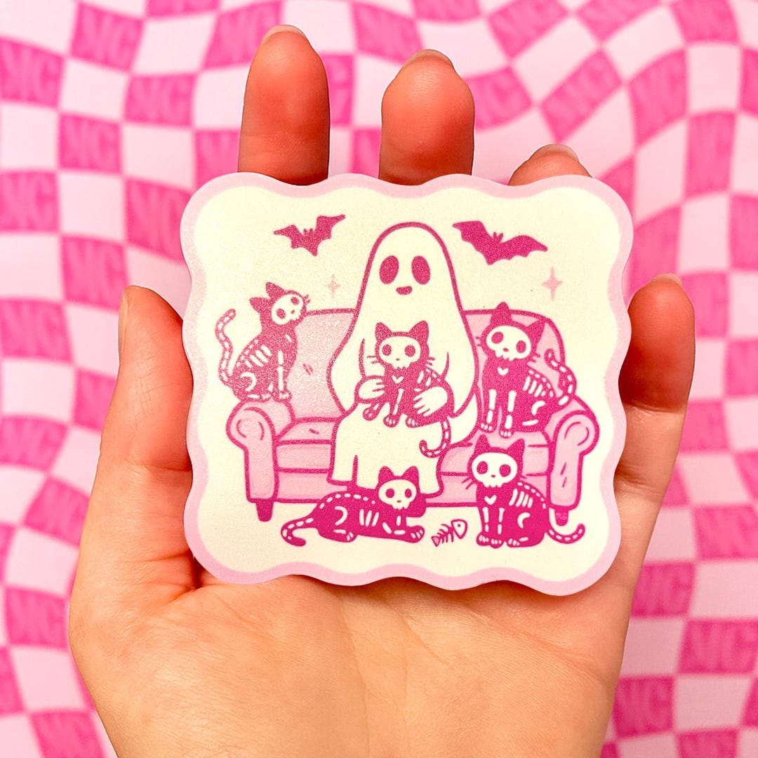 Cute Ghost Cat Sticker - Pink Halloween Waterproof Matte Vinyl ...