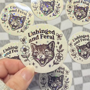Funny angry cat aesthetic sticker with floral details and holographic stars