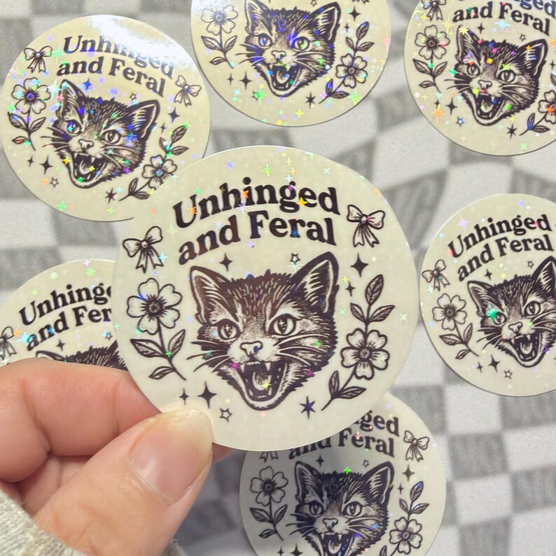 Funny angry cat aesthetic sticker with floral details and holographic stars