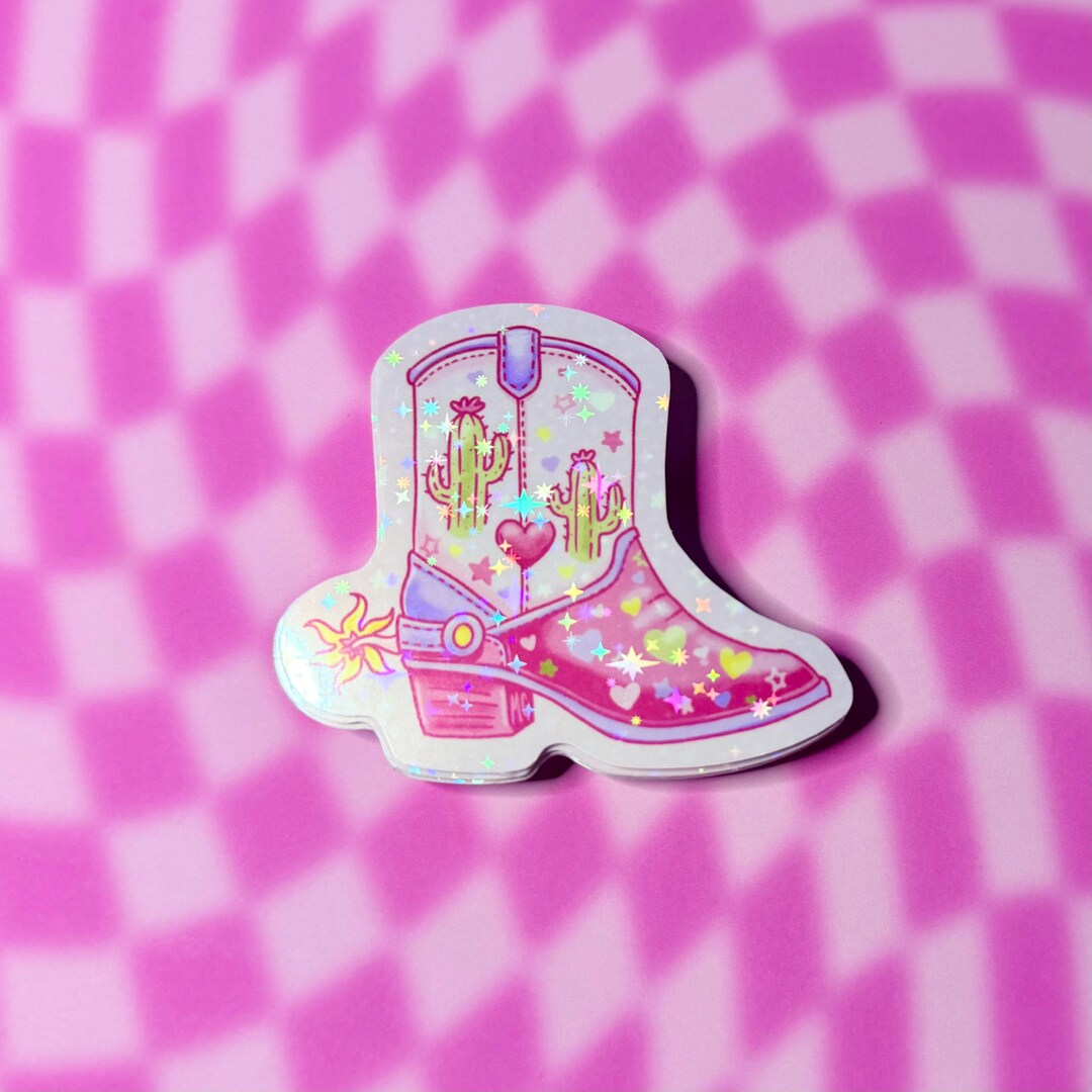 Pink Cowgirl Boot Holographic Sticker Pastel Western Aesthetic Coquette ...