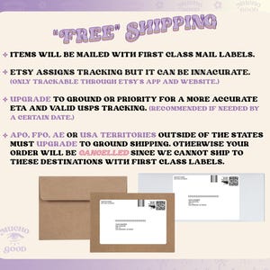 May include: A light purple background with the words "FREE SHIPPING" in a retro font. The text explains shipping details, including mail labels, Etsy tracking, and upgrade options for accurate tracking. There are also three envelopes.