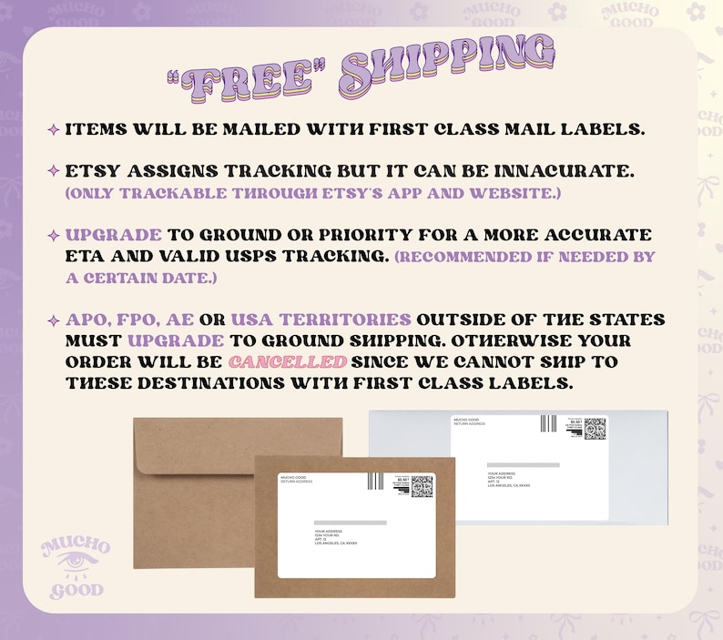 May include: A light purple background with the words "FREE SHIPPING" in a retro font. The text explains shipping details, including mail labels, Etsy tracking, and upgrade options for accurate tracking. There are also three envelopes.