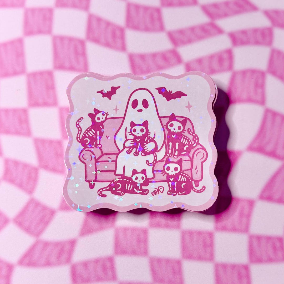 Holographic Ghost Cat Sticker | Spooky Cute Sparkle Vinyl | Halloween ...