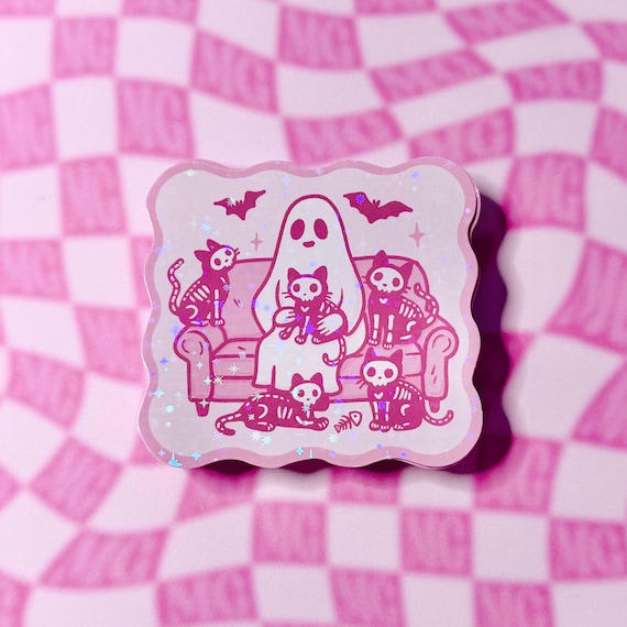 Holographic Ghost Cat Sticker | Spooky Cute Sparkle Vinyl | Halloween Feral Cat Parent Sticker | Spooky Gothic Pastel Creepy Cute Gift