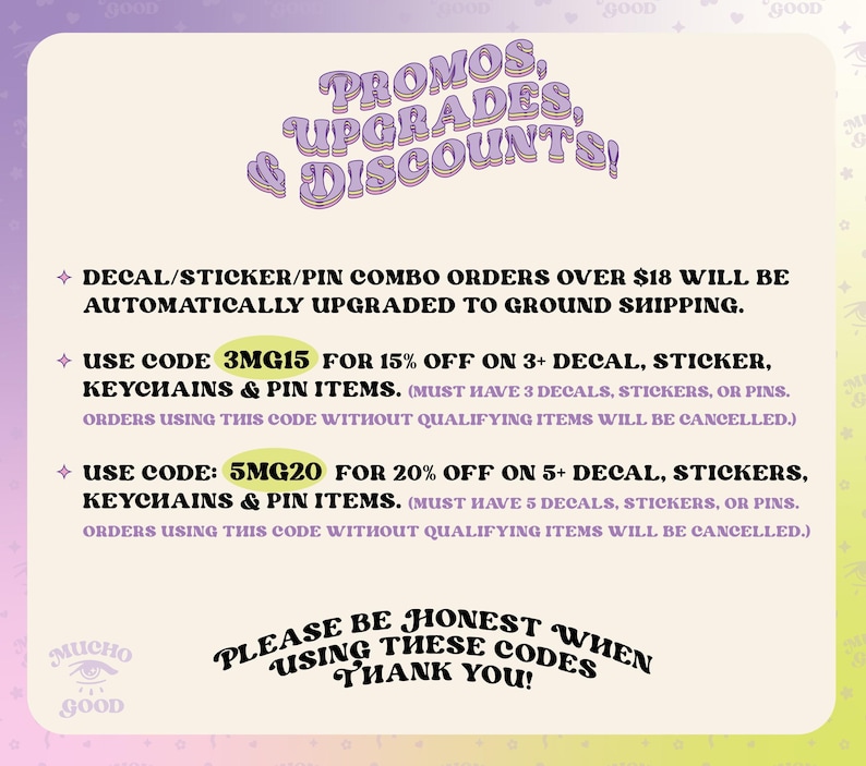 May include: A promotional graphic with the text "PROMOS, UPGRADES, & DISCOUNTS!" in a purple, retro font. The graphic lists discount codes for decals, stickers, keychains, and pins. The background is a light purple and yellow gradient.