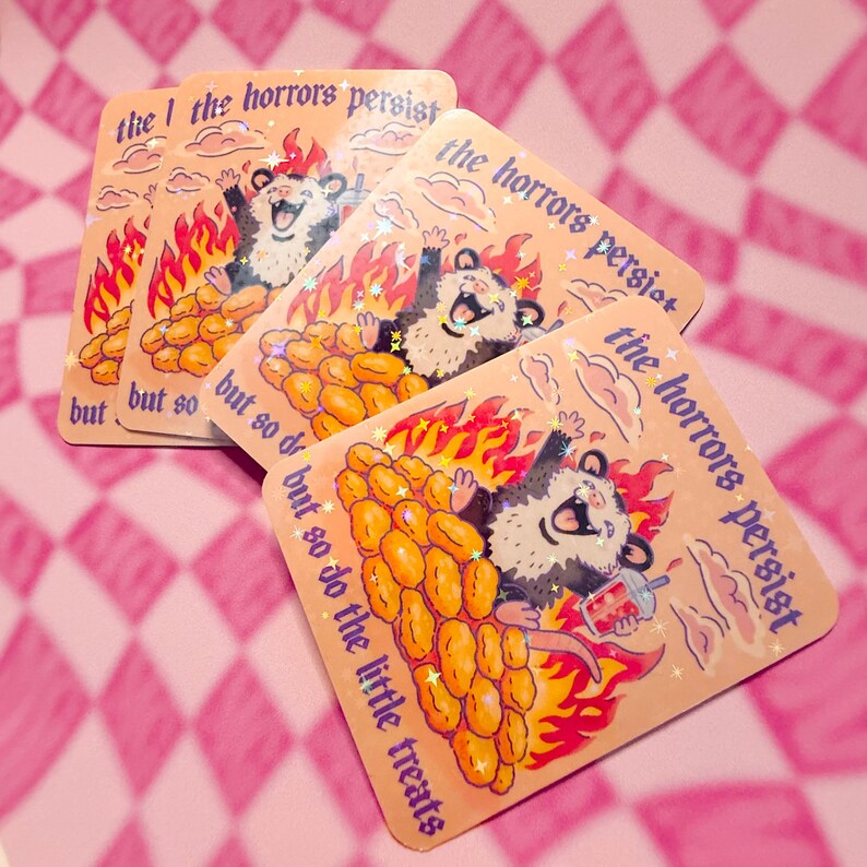 multiple chaotic cute possum sticker holding a drink surrounded by fire and sparkles unhinged humor design.