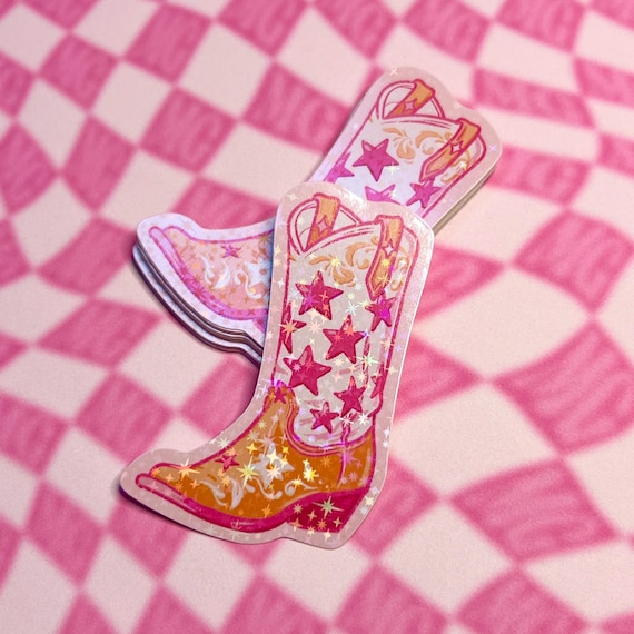 Cowgirl Boot Sticker - Pink Western Aesthetic Dollcore Water Bottle Laptop Holographic Sticker Cowboy Boots Americana Aesthetic