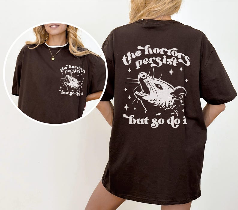 Model wearing Possum Tee in Dark Chocolate.