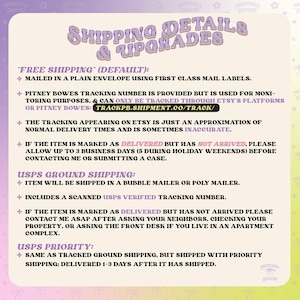 May include: A lavender-colored graphic with the text "SHIPPING DETAILS & UPGRADES" in a retro font. The text details shipping options, including free shipping, USPS Ground, and USPS Priority, with tracking information and delivery estimates.