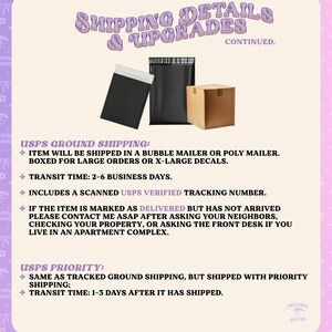 May include: A graphic display titled SHIPPING DETAILS & UPGRADES CONTINUED featuring a black bubble mailer, a black poly mailer, and a brown cardboard box. The text outlines USPS Ground and Priority shipping options, transit times, and tracking.