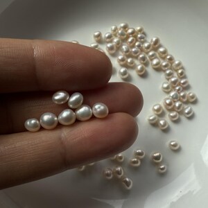 Puede incluir: Una colección de pequeñas perlas blanquecinas. Algunas perlas se sostienen en una mano, mientras que otras están dispersas sobre una superficie blanca. Las perlas tienen un aspecto liso y brillante, y varían ligeramente en tamaño y forma. Ideal para la fabricación de joyas.