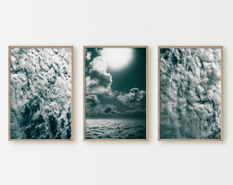 Set of 3, Cloud Prints, Abstract Wall Art, Wall Decor, Printable, Scandinavian Style, Sky Art, Teal Clouds