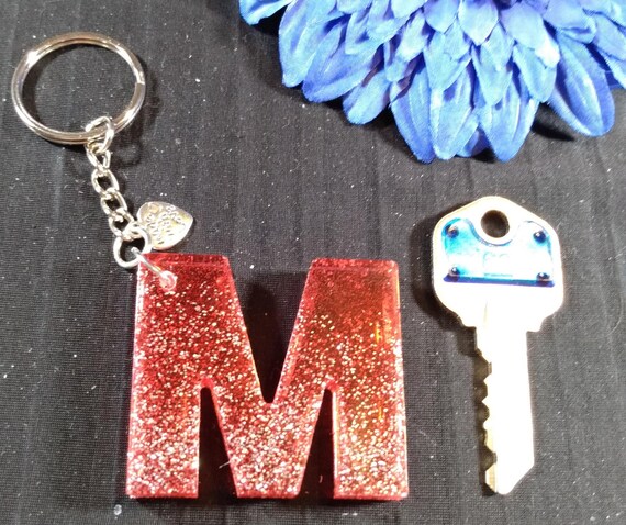 BrandyWineConcepts Resin Monogram keychain/Handmade Letter M Key chain/Epoxy Resin Glitter Alcohol ink/Includes A Charm & beads/Can Be customized/3 x 2 Inches