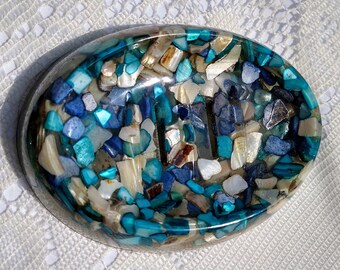 Resin Soap Dish - Handmade oval tray from clear resin and blue, beige, teal, and white shells and rock pieces.