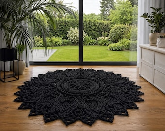 Black Round Crochet Rug, Large Mandala Rug, Handmade Boho Floor Rug, Modern Living Room Statement Rug