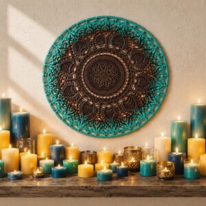 May include: A circular wall hanging featuring a dark brown center with an intricate mandala pattern, surrounded by a bright turquoise outer ring with leaf-like details. Numerous pillar and votive candles in shades of blue and yellow are arranged below.