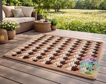 Brown Ivory Ombre Striped Crochet Rug Handmade – Chunky Knit Area Rug, Neutral Textured Rug, Farmhouse Kitchen Bathroom Carpet