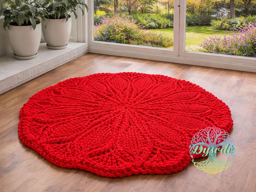 Red Round Crochet Rug, Handmade Chunky Knit Floral Carpet, Cozy Living ...