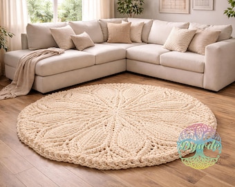 Ivory Round Crochet Rug Handmade – Boho Floral Area Rug, Cozy Farmhouse Decor, Soft Carpet for Living Room or Bedroom