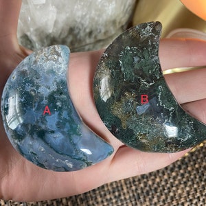 Moss Agate Moon Carving, Crystal moon carving, crescent