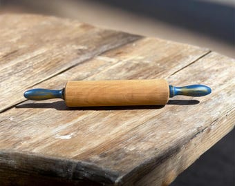 Wooden Rolling Pin with Blue Handles