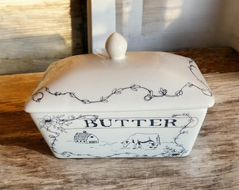 Creative Co-op Ceramic Butter Dish with Farmhouse Illustration