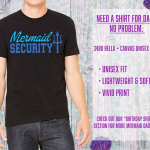 May include: Black t-shirt with blue text that reads "Mermaid Security" and a blue trident graphic.  The shirt is a unisex fit and is made of lightweight and soft fabric.  The print is vivid.