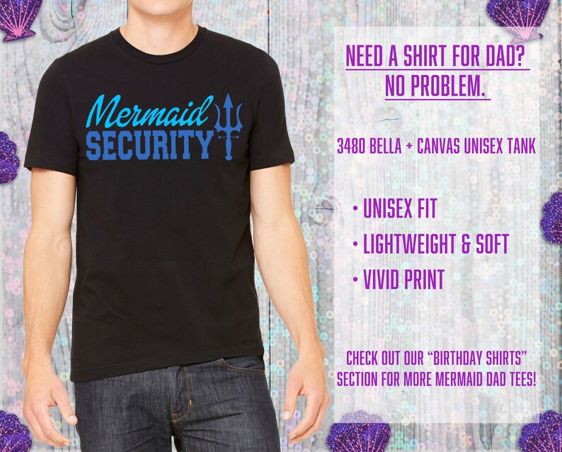 May include: Black t-shirt with blue text that reads "Mermaid Security" and a blue trident graphic.  The shirt is a unisex fit and is made of lightweight and soft fabric.  The print is vivid.