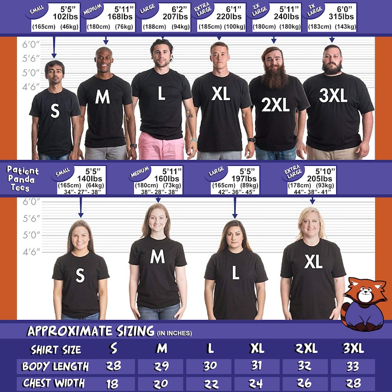 May include: Size chart for t-shirts with measurements in inches and pounds. The chart shows different sizes from small to 3XL with corresponding height, weight, and body measurements. The chart also includes a graphic of a panda wearing a t-shirt.