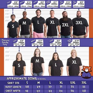 May include: Size chart for t-shirts with measurements in inches and pounds. The chart shows different sizes from small to 3XL with corresponding height, weight, and body measurements. The chart also includes a graphic of a panda wearing a t-shirt.