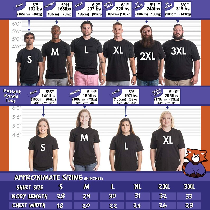 May include: Size chart for t-shirts with measurements in inches and pounds. The chart shows different sizes from small to 3XL with corresponding height, weight, and body measurements. The chart also includes a graphic of a panda wearing a t-shirt.