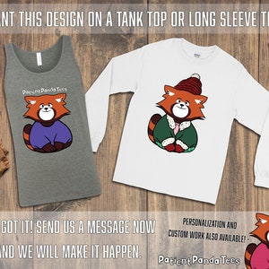 May include: A white long-sleeve t-shirt with a red panda wearing a green coat and a red hat. The panda is holding a red scarf in its paws. The text "Patient Panda Tees" is on the bottom of the shirt. The shirt is displayed on a wooden surface with a pair of sunglasses and a pair of shoes.
