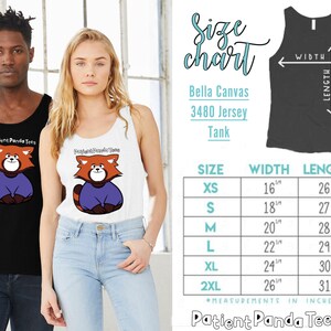 May include: Size chart for a Bella Canvas 3480 Jersey Tank. The chart shows the width and length in inches for sizes XS, S, M, L, XL, and 2XL.