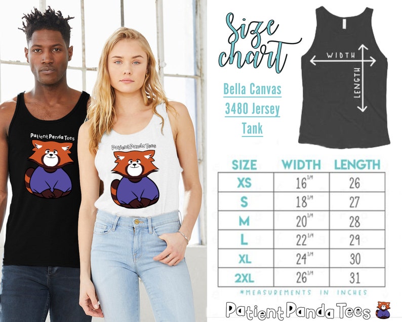 May include: Size chart for a Bella Canvas 3480 Jersey Tank. The chart shows the width and length in inches for sizes XS, S, M, L, XL, and 2XL.