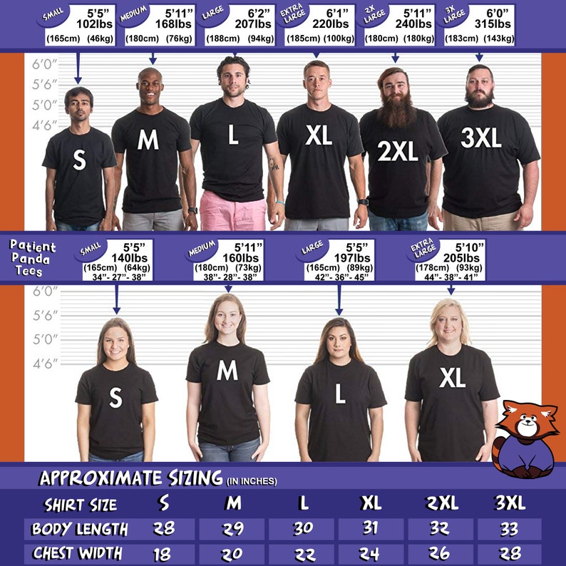 May include: Size chart for t-shirts with measurements in inches and pounds. The chart shows different sizes from small to 3XL with corresponding height, weight, and body measurements. The chart also includes a graphic of a panda wearing a t-shirt.