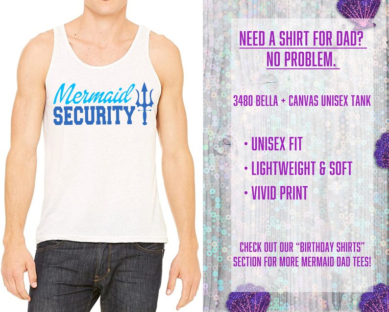 May include: White tank top with blue text that reads "Mermaid Security" and a blue trident graphic.  The tank top is on a model wearing blue jeans.