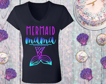 Mermaid Mama V-Neck Women's Fit Tee - Free Personalization - Mermaid Mom Shirt, Mermaid Birthday Party Shirt