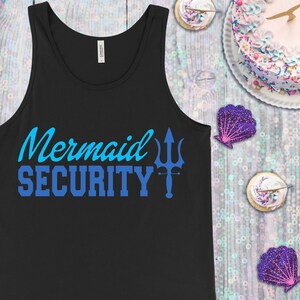 May include: Black tank top with the text "Mermaid Security" in blue and a blue trident graphic.
