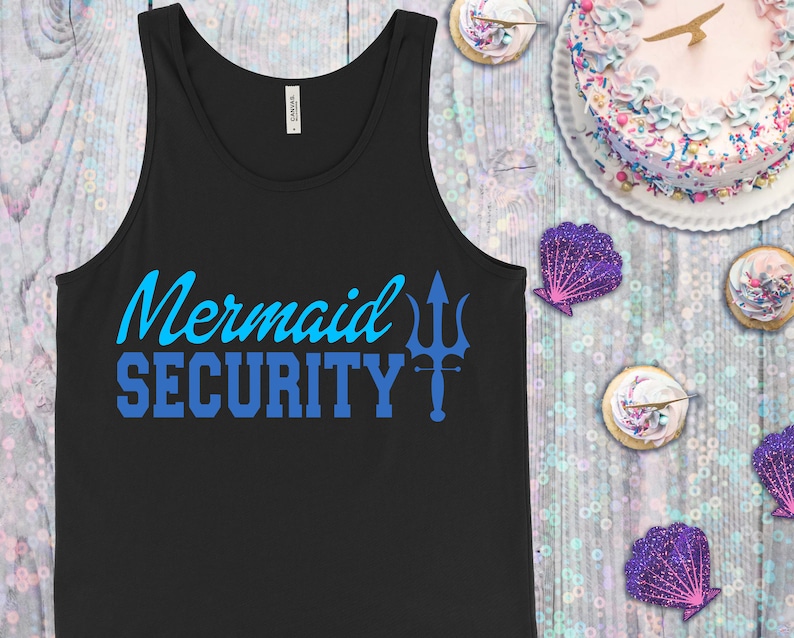 May include: Black tank top with the text "Mermaid Security" in blue and a blue trident graphic.