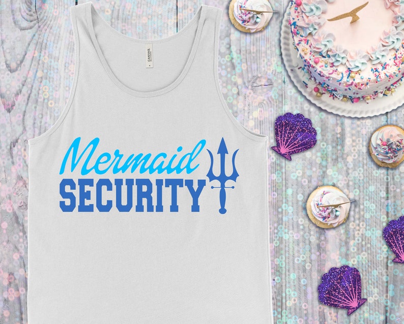May include: White tank top with the text "Mermaid Security" in blue and a blue trident graphic.