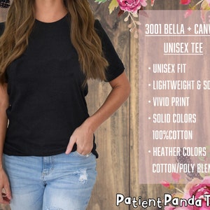 May include: A black unisex t-shirt with the text "3001 BELLA + CANVAS UNISEX TEE" and details about the shirt's fit, fabric, and colors. The text "Patient Panda Tees" is at the bottom of the image.