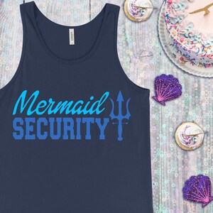 May include: A navy blue tank top with the text "Mermaid Security" in blue and a trident graphic.