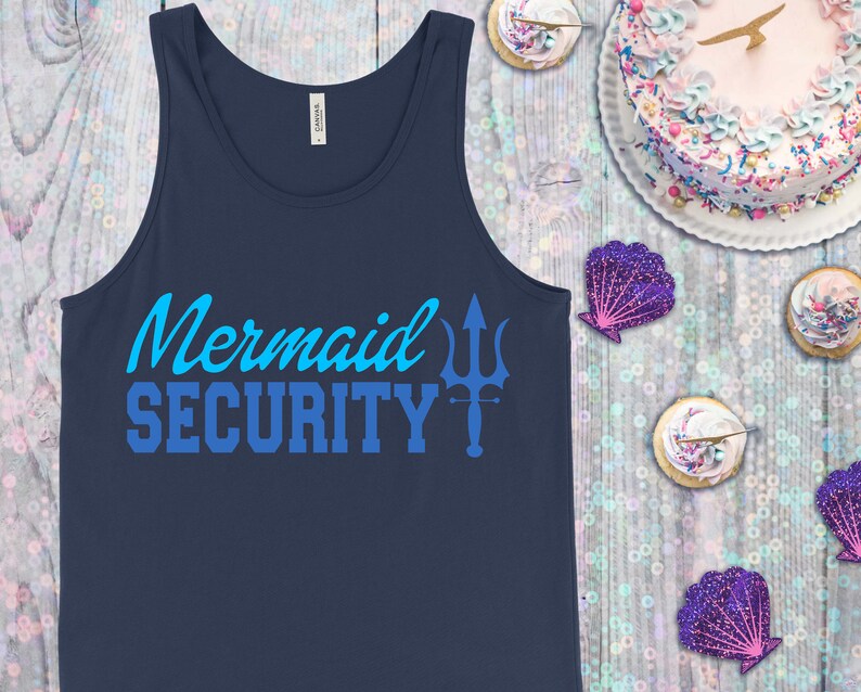 May include: A navy blue tank top with the text "Mermaid Security" in blue and a trident graphic.