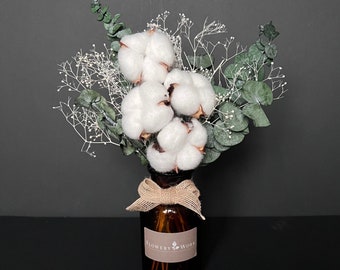 Boîte cadeau bouquet de fleurs séchées avec vase | Fleur stabilisée | coton, eucalyptus | Vert | cadeau pour elle | Cadeau de Noël | Anniversaire