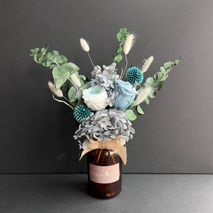 Father&#39;s Day Dried Bouquet with Vase gift box | Preserved & Dried flowers | Austin Rose | Golden ball | Eucalyptus | Grey Bunny Tail | Blue