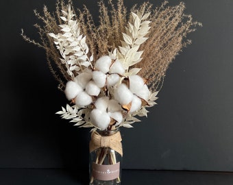 Cotton Bouquet w/vase  | Preserved & Dried Flower | Ruscus, Reed Pampas | gift set | Wedding Birthday | Second Anniversary | Home decor